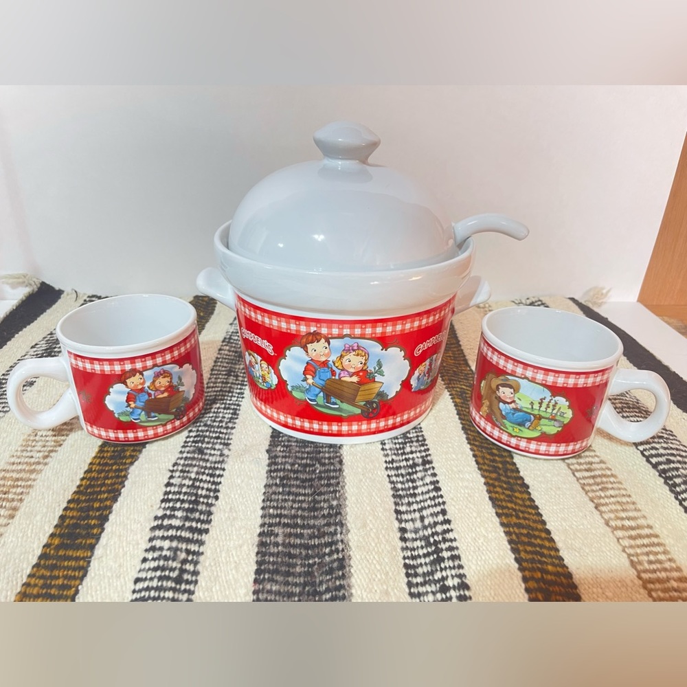 Vtg. 2002 Campbell’s Houston Harvest Tureen, Serving Bowl W/ Lid, Ladle, 2 Cups